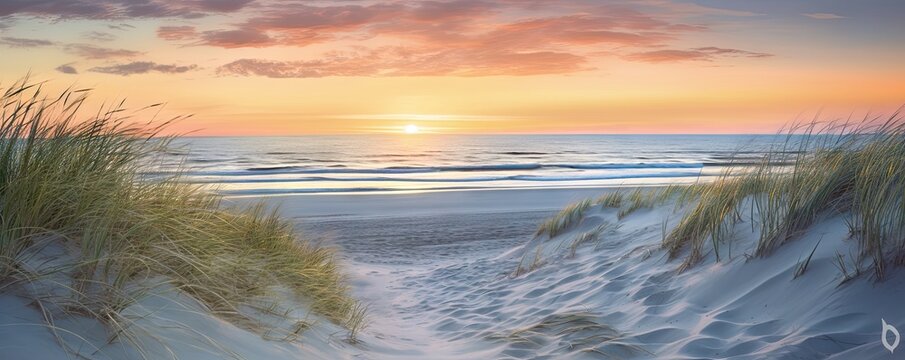 Capturing beauty of coast. Sunset at beach. Sun dips below horizon casting warm glow on sand dunes and gentle waves. Idyllic seascape with calm waters and colorful sky invites reflection and peace