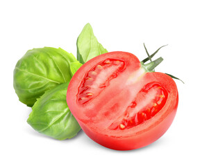 Fresh basil leaves and half of tomato isolated on white