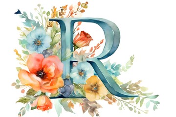 Delicate Watercolor Illustration of Letter 'R' with Floral Accents