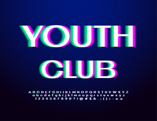 Vector modern sign Youth Club. Digital Glitch style Font. Set of Trendy Alphabet Letters and Numbers.