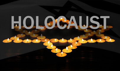 Holocaust memory day, banner design. Star of David made with burning candles and flag of Israel,...