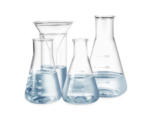 Different laboratory glassware with water isolated on white