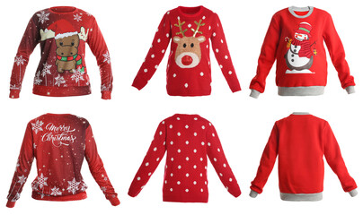 Christmas sweaters isolated on white, back and front