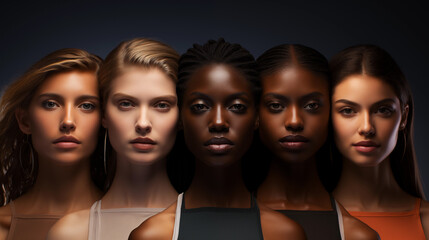Obraz premium Group of women of different nationalities and races professional studio portrait on black backgound showing diversity and inclusivity of people
