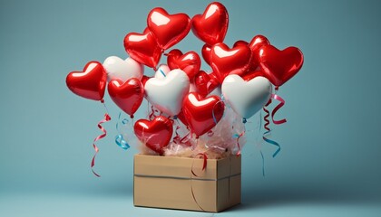 Red heart balloons bringing a gift box, valentine's day. isolated on blue background