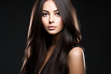 Fototapeta premium white isolated hair black straight woman Beauty long Beautiful girl healthy brunette shiny coiffure model gloss natural colouring brown hairdresser head shampoo dye cosmetic treatment luxurious