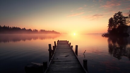 Sunset View of a wooden Pier at a beautiful Lake. wooden pier on the pond at sunset