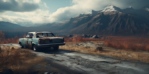 Abandoned car on the road in the mountains,Mountain Road Mystery: Abandoned Car in Nature's Embrace,Rustic Isolation: Lonely Car Left Behind in the Mountains - obrazy, fototapety, plakaty