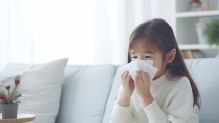 ティッシュで鼻をかむ女の子　Asian girl blowing her nose with tissue