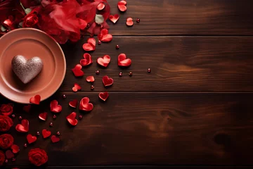 Fotobehang Red hearts on wooden background, St. Valentine's day © Svetlana
