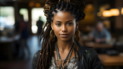 Obraz premium Confident businesswoman with dreadlocks in professional attire, exuding charisma in an office setting
