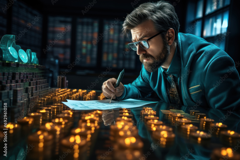 Poster a financial ai analyzing vast datasets to detect anomalies and potential fraud, showcasing the vigil
