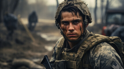 Portrait of a Soldier in a War. Generative AI