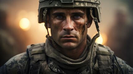Fototapeta premium Portrait of a Soldier in a War. Generative AI