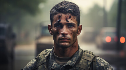 Portrait of a Soldier in a War. Generative AI - obrazy, fototapety, plakaty