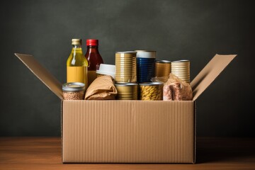 A box of donated food symbolizing charity, assistance, and community care, intended for grocery delivery to those in need, facilitated by volunteers supplying canned and packaged goods. - obrazy, fototapety, plakaty