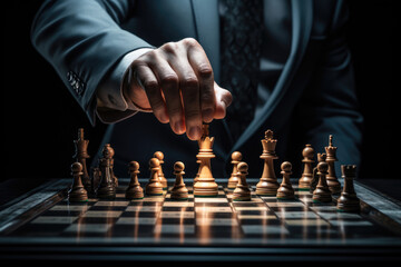 Businessman moves chess, business planning concept, strategy - obrazy, fototapety, plakaty