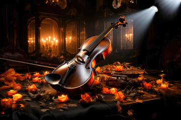 Elegant violin with rose petals and candlelight, evoking a romantic and classical music ambiance. - obrazy, fototapety, plakaty