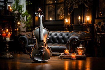 Elegant violin on a polished table surrounded by candlelight, evoking a cozy classical music...