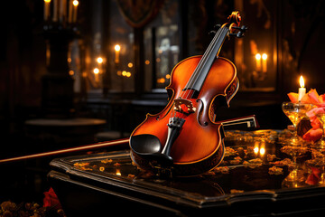 Elegant violin on a polished table with candlelight creating a cozy and sophisticated musical atmosphere.