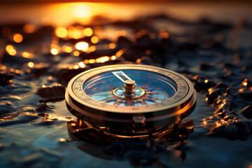 A compass guiding the way through uncharted territory, representing the conceptual navigation required for innovative breakthroughs. Concept of navigating the unknown. Generative Ai.