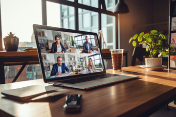 Video call conference on computer screen, remote team business work - obrazy, fototapety, plakaty