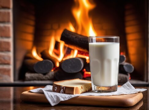 glass of milk on the background of the fireplace