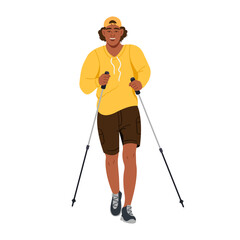 An African-American man walking with hiking sticks. Traveling, hiking, trekking. The concept of a healthy lifestyle. Vector illustration in the flat style isolated on a white background