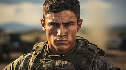 Portrait of a Soldier in a War. Generative AI