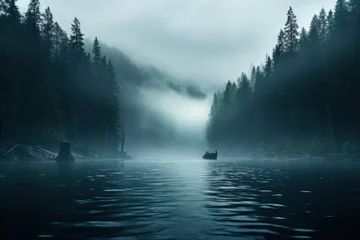 Fototapeten Thick fog enveloping a tranquil lake, creating an ethereal and mysterious atmosphere. Concept of atmospheric mystique. Generative Ai. © Sebastian