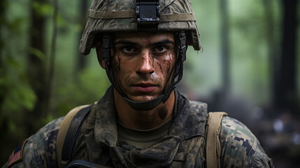 Obraz premium Portrait of a Soldier in a War. Generative AI