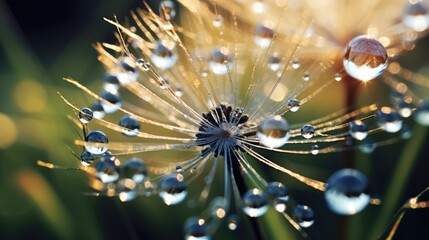 dew drops in dandelion seeds, macro shot
