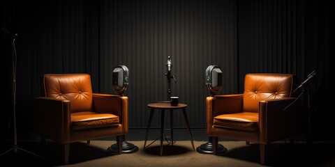 two chairs and microphones in podcast or interview room on dark background