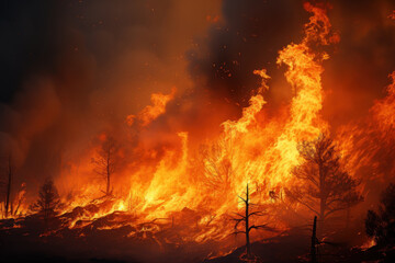 Fototapeta premium A blazing wildfire consuming a forest, depicting the destructive force of nature's fury. Concept of environmental crisis. Generative Ai.