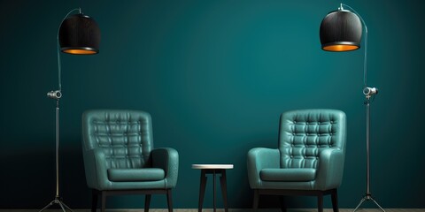 Two chairs and microphones set in a podcast or interview room against a dark background, creating a professional and engaging atmosphere.