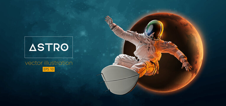 Abstract silhouette of a surfer, astronaut in space action and Earth, Mars, planets on the background of the space. Vector 3d render illustration
