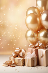 Wrapped giftboxes and balloons on golden background