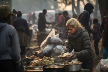 Volunteers distributing food to impoverished individuals in an open-air setting, embodying compassion and community support - obrazy, fototapety, plakaty