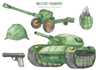Watercolor set with military transport, military tank, military equipment, gun, helmet, pistol, grenade, war