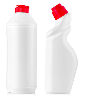 Set of White cleaning equipment bottles isolated on a white background.. Colored plastic bottles with Detergent isolated on white background .
