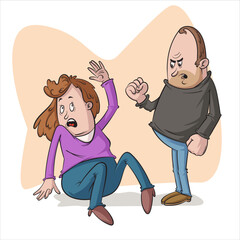 A man intimidates a weeping woman, threatening her with a raised fist