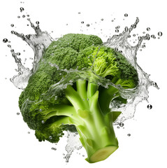 A green broccoli in a fresh splash of water isolated on a transparent background - obrazy, fototapety, plakaty