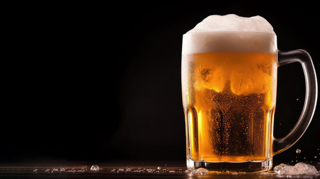 A close up of a mug of beer with foam on a table on dark background.perfect for promoting bars, breweries, Oktoberfest events, or any beer-related content in need of a detailed beer image.