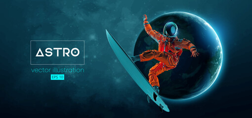 Abstract silhouette of a surfer, astronaut in space action and Earth, Mars, planets on the background of the space. Vector 3d render illustration © Yevheniia