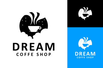 Hot coffee cup in dream sky with stars and clouds vector logo design