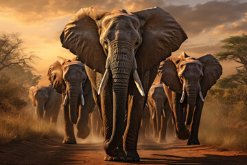 A powerful herd of elephants trekking across the plains, symbolizing the strength and unity of...