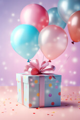 Color balloons and gift boxes with ribbons on pastel background