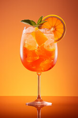 Glass of Aperol spritz cocktail on orange background