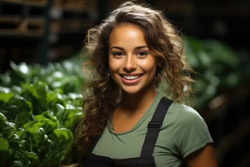 A beautiful girl works to grow natural fresh vegetables on an eco farm, green farm nutriology, diet, vitamins and useful elements for good health
