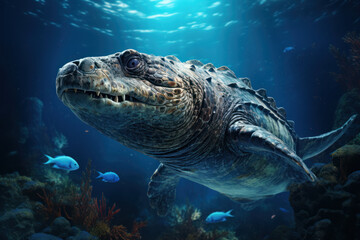 Fototapeta premium A detailed illustration of a prehistoric marine reptile, swimming in an ancient ocean, showcasing the diversity of Mesozoic sea life. Generative Ai.